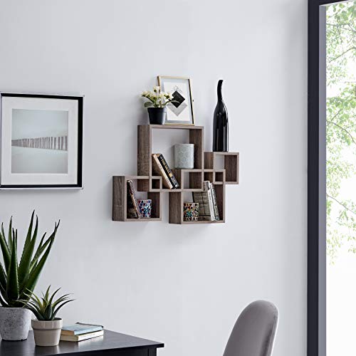 Danya B Decorative Wall Mount Floating Intersecting Cube Accent Wall Shelf - Weathered Oak