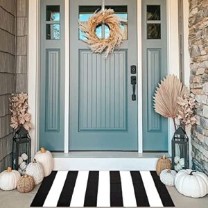 mubin cotton black and white striped rug, 27.5 x 43 inches outdoor reversible hand woven washable rug porch entryway stripe carpet ​for layered front door mats (thick stripes,27.5 x 43 in)