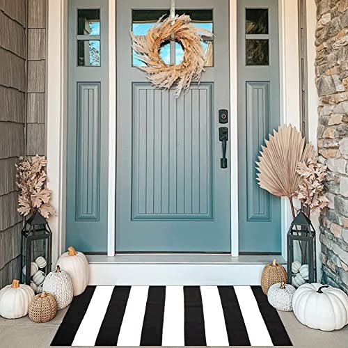 MUBIN Cotton Black and White Striped Rug, 27.5 x 43 Inches Outdoor Reversible Hand Woven Washable Rug Porch Entryway Stripe Carpet ​for Layered Front Door Mats (Thick Stripes,27.5 x 43 in)