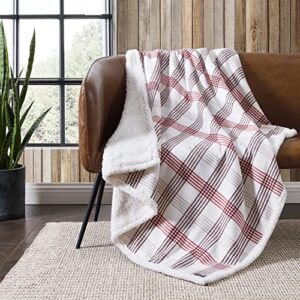 eddie bauer – throw blanket, cotton flannel home decor, all season reversible sherpa bedding (union bay red, throw)