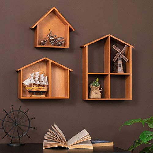 ULTNICE Wooden House- Shaped Wall Storage Shelf Rustic Wood Mounted Floating Shelves for Bedroom Living Room Home Office 25cm