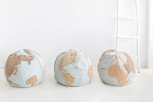 Lorena Canals USA Pouffe World Map, Light Blue, Natural, Linen, Beige, Grey, 1' 5" x Ø1' 8"