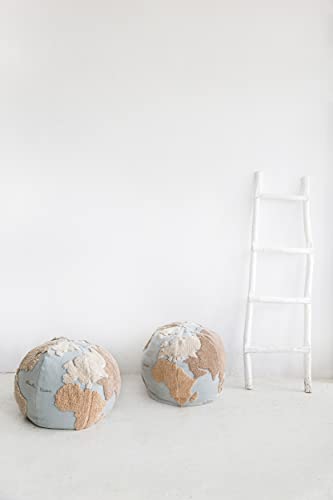 Lorena Canals USA Pouffe World Map, Light Blue, Natural, Linen, Beige, Grey, 1' 5" x Ø1' 8"