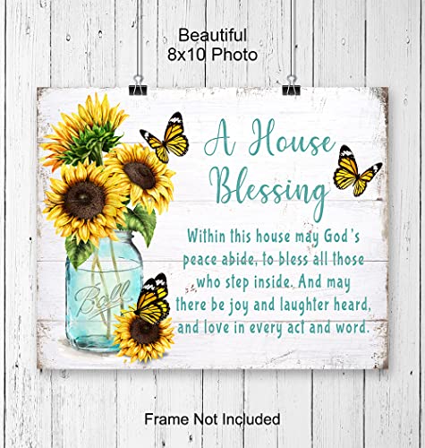 House Blessing - Religious Housewarming Gifts for Women - Christian Wall Art - Rustic Country Sunflower Butterfly Wall Decor - Blessed Wall Art - Inspirational Wall Decor - Bible Verses Wall Decor