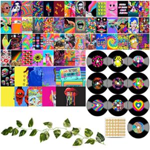 indie aesthetic room decor for teens bedroom- 70 pcs wall collage kit hippie posters tiktok cool stuff for girls, trippy pictures records for wall & artificial vine cute retro vintage home decoration