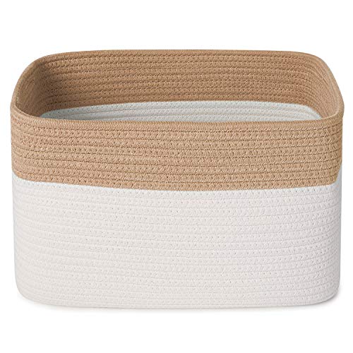 ANMINY Woven Cotton Rope Storage Baskets with Handles Large Washable Basket Decorative Storage Bins Boxes Nursery Baby Kid Toy Blanket Clothes Towel Laundry Organizer Containers - White/Brown