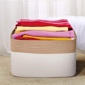 ANMINY Woven Cotton Rope Storage Baskets with Handles Large Washable Basket Decorative Storage Bins Boxes Nursery Baby Kid Toy Blanket Clothes Towel Laundry Organizer Containers - White/Brown