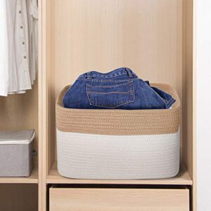 ANMINY Woven Cotton Rope Storage Baskets with Handles Large Washable Basket Decorative Storage Bins Boxes Nursery Baby Kid Toy Blanket Clothes Towel Laundry Organizer Containers - White/Brown