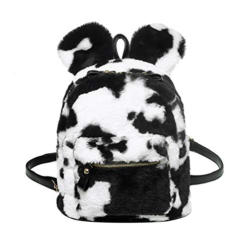 Women Faux Fur Backpack Cute Ear Cow Print Satchel Shoulder Bag Purse Fluffy Plush Fashion Casual Daypack