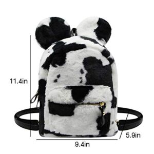 Women Faux Fur Backpack Cute Ear Cow Print Satchel Shoulder Bag Purse Fluffy Plush Fashion Casual Daypack