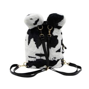 Women Faux Fur Backpack Cute Ear Cow Print Satchel Shoulder Bag Purse Fluffy Plush Fashion Casual Daypack