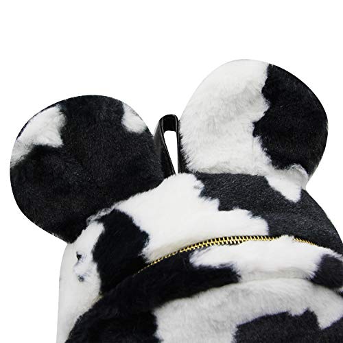 Women Faux Fur Backpack Cute Ear Cow Print Satchel Shoulder Bag Purse Fluffy Plush Fashion Casual Daypack