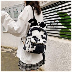 Women Faux Fur Backpack Cute Ear Cow Print Satchel Shoulder Bag Purse Fluffy Plush Fashion Casual Daypack