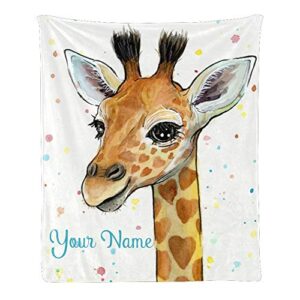 custom blanket with name text,personalized watercolor giraffe super soft fleece throw blanket for couch sofa bed (50 x 60 inches)