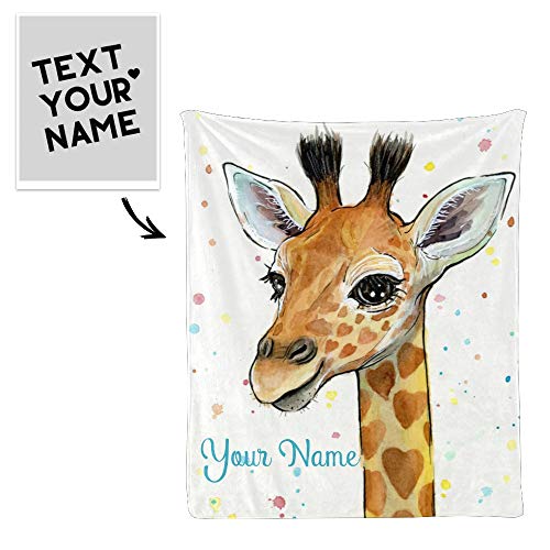 Custom Blanket with Name Text,Personalized Watercolor Giraffe Super Soft Fleece Throw Blanket for Couch Sofa Bed (50 X 60 inches)