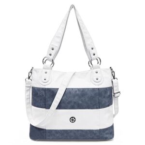angel kiss hobo shoulder purses for women large soft washed pu leather stripe crossbody handbags (white/l.blue)