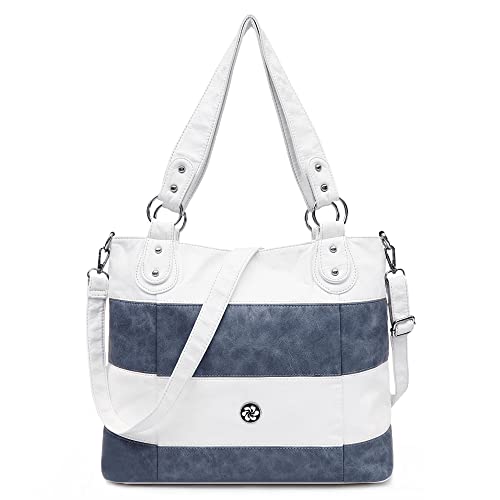 Angel Kiss Hobo Shoulder Purses for Women Large Soft Washed PU Leather Stripe Crossbody Handbags (White/L.Blue)