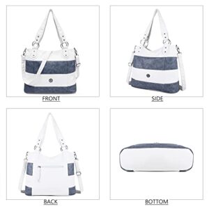 Angel Kiss Hobo Shoulder Purses for Women Large Soft Washed PU Leather Stripe Crossbody Handbags (White/L.Blue)