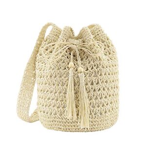 ayliss women beach handbag straw crossbody shoulder handbag summer beach handmade woven bucket bag drawstring with tassel (beige)