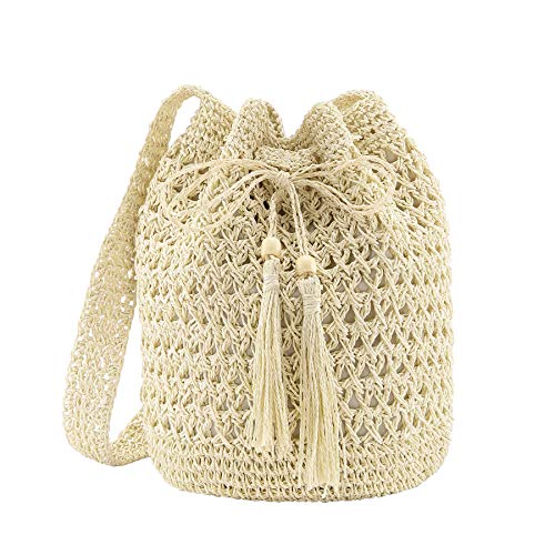 Ayliss Women Beach Handbag Straw Crossbody Shoulder Handbag Summer Beach Handmade Woven Bucket Bag Drawstring with Tassel (Beige)