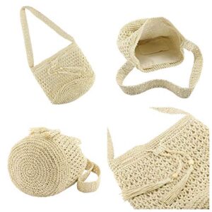 Ayliss Women Beach Handbag Straw Crossbody Shoulder Handbag Summer Beach Handmade Woven Bucket Bag Drawstring with Tassel (Beige)