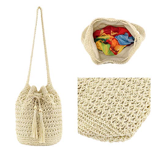 Ayliss Women Beach Handbag Straw Crossbody Shoulder Handbag Summer Beach Handmade Woven Bucket Bag Drawstring with Tassel (Beige)