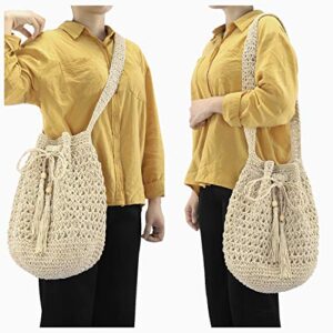 Ayliss Women Beach Handbag Straw Crossbody Shoulder Handbag Summer Beach Handmade Woven Bucket Bag Drawstring with Tassel (Beige)