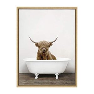 kate and laurel sylvie highland cow in tub color framed canvas wall art by amy peterson, 18×24 natural, chic animal art for wall
