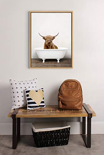 Kate and Laurel Sylvie Highland Cow in Tub Color Framed Canvas Wall Art by Amy Peterson, 18x24 Natural, Chic Animal Art for Wall