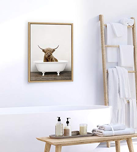 Kate and Laurel Sylvie Highland Cow in Tub Color Framed Canvas Wall Art by Amy Peterson, 18x24 Natural, Chic Animal Art for Wall