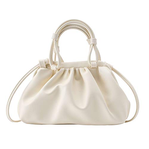 Women's Cloud Pouch Bag Dumpling Crossbody - Soft Leather Fashion Ruched Handbag Small Top-handle Shoulder Bags(White)