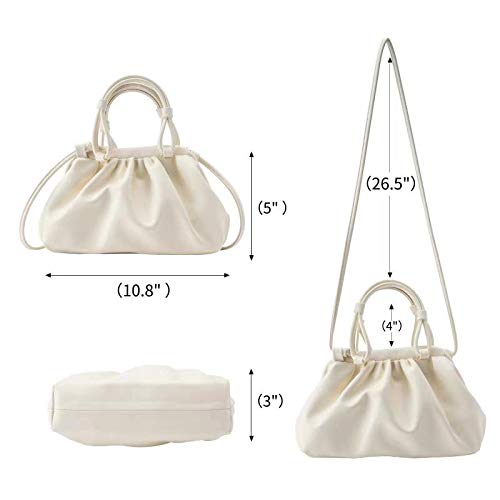 Women's Cloud Pouch Bag Dumpling Crossbody - Soft Leather Fashion Ruched Handbag Small Top-handle Shoulder Bags(White)