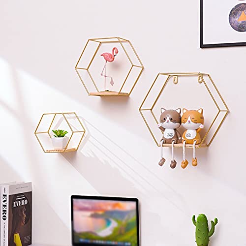 Rendeyuan Hexagonal Iron Stand Small Pot Wall Shelving Holder Home Shelf Storage Holder Decorative Shelves Floating Shelves - Gold - 24x9.5x20.5cm