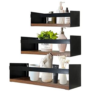 Giftgarden Black Floating Shelves for Wall Set of 3, Industrial Thick Wall Shelf Rack with Iron Rail Bracket for Storage Bathroom Kitchen Bedroom Plant Nursery Books Laundry