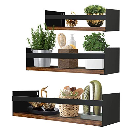 Giftgarden Black Floating Shelves for Wall Set of 3, Industrial Thick Wall Shelf Rack with Iron Rail Bracket for Storage Bathroom Kitchen Bedroom Plant Nursery Books Laundry