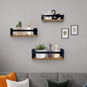 Giftgarden Black Floating Shelves for Wall Set of 3, Industrial Thick Wall Shelf Rack with Iron Rail Bracket for Storage Bathroom Kitchen Bedroom Plant Nursery Books Laundry