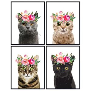 tabby cat, gray cat, black cat wall decor – gift for kitten, kitty, cat lovers, women – cute floral wall art, room decoration for girls bedroom, kids room, living room, nursery – adorable poster set