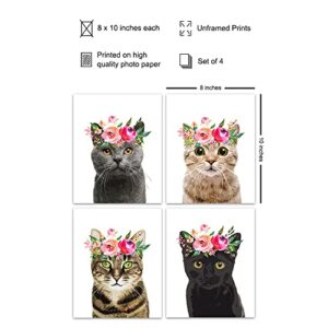 Tabby Cat, Gray Cat, Black Cat Wall Decor - Gift for Kitten, Kitty, Cat Lovers, Women - Cute Floral Wall Art, Room Decoration for Girls Bedroom, Kids Room, Living Room, Nursery - Adorable Poster Set