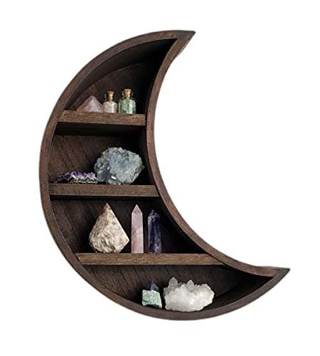 Maduxy Wooden Crescent Moon Shelf - Moon Wall Decor Crystal Display Shelf, Rustic Boho Decor, Unique Shape Moon Phase Shelves for Crystals and Stones