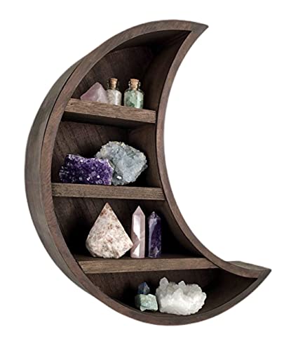 Maduxy Wooden Crescent Moon Shelf - Moon Wall Decor Crystal Display Shelf, Rustic Boho Decor, Unique Shape Moon Phase Shelves for Crystals and Stones