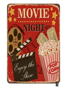 hosnye movie night poster tin sign enjoy the show with popcorn red background vintage metal tin signs for men women wall art decor for home bars clubs cafes 8×12 inch