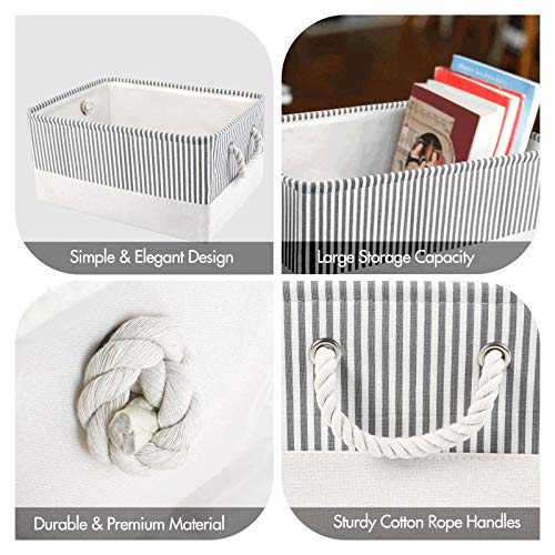 ANMINY 3PCS Storage Baskets Set Foldable Canvas Stripe Storage Bin Box with Cotton Rope Handles Decorative Nursery Baby Kid Toy Clothes Towel Laundry Organizer Containers - Medium, Dark Gray