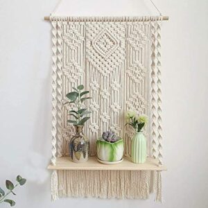 YuanKanJu Macrame Wall Hanging Shelf Bohemian Wall Decor Macrame Shelf Handmade Cotton Wood Hanging Shelf Organizer Hanger Bohemian Wall Decor Bohoboho Shelves (#4)