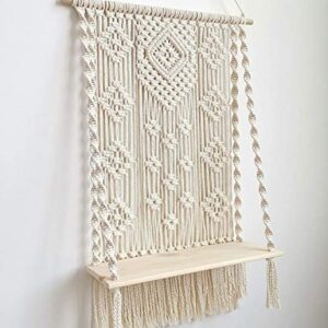 YuanKanJu Macrame Wall Hanging Shelf Bohemian Wall Decor Macrame Shelf Handmade Cotton Wood Hanging Shelf Organizer Hanger Bohemian Wall Decor Bohoboho Shelves (#4)