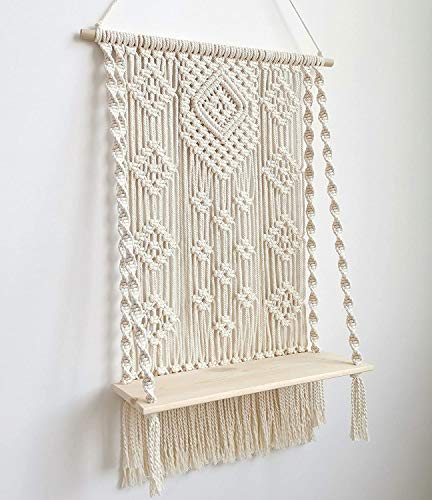 YuanKanJu Macrame Wall Hanging Shelf Bohemian Wall Decor Macrame Shelf Handmade Cotton Wood Hanging Shelf Organizer Hanger Bohemian Wall Decor Bohoboho Shelves (#4)