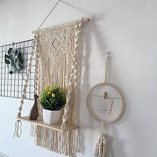 YuanKanJu Macrame Wall Hanging Shelf Bohemian Wall Decor Macrame Shelf Handmade Cotton Wood Hanging Shelf Organizer Hanger Bohemian Wall Decor Bohoboho Shelves (#4)