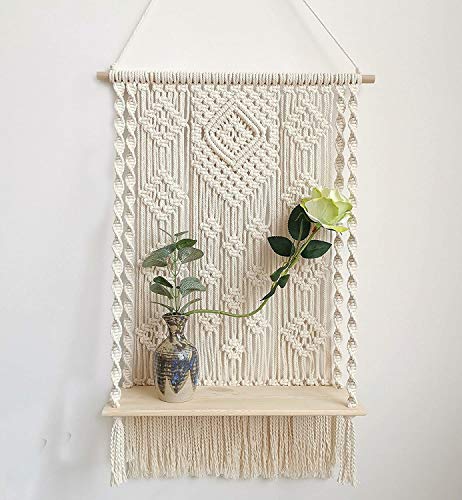 YuanKanJu Macrame Wall Hanging Shelf Bohemian Wall Decor Macrame Shelf Handmade Cotton Wood Hanging Shelf Organizer Hanger Bohemian Wall Decor Bohoboho Shelves (#4)