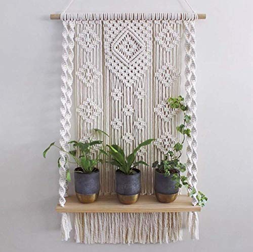 YuanKanJu Macrame Wall Hanging Shelf Bohemian Wall Decor Macrame Shelf Handmade Cotton Wood Hanging Shelf Organizer Hanger Bohemian Wall Decor Bohoboho Shelves (#4)