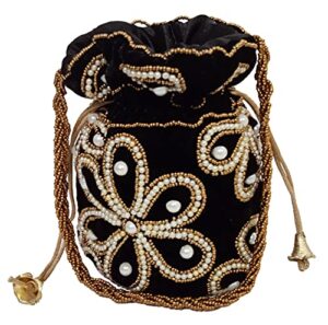 purpledip chenille potli bag (clutch, drawstring purse): intricate bead work satchel handbag, black (12396a) 