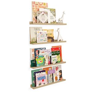 wallniture denver 24″ book shelves for kids room decor and nursery, wood floating shelves for wall, natural pine, set of 4